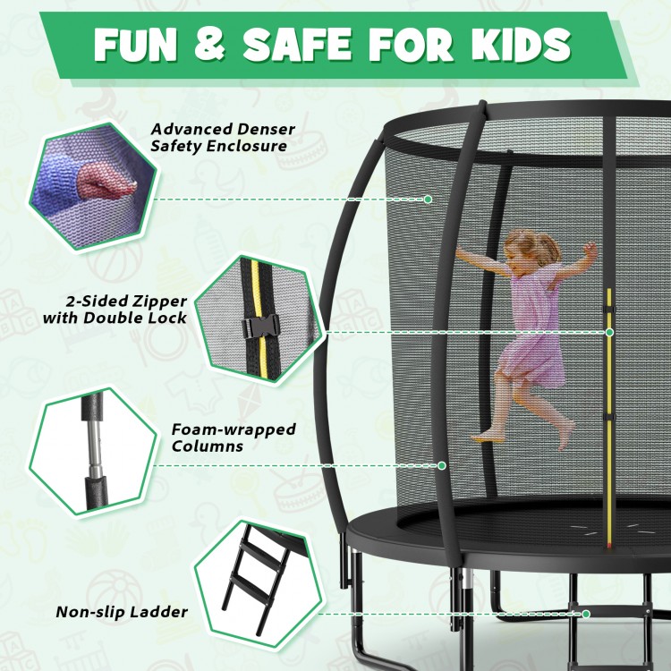 8-foot ASTM approved trampoline with safety enclosure, non-slip ladder, and padded poles for kids' safe jumping fun.